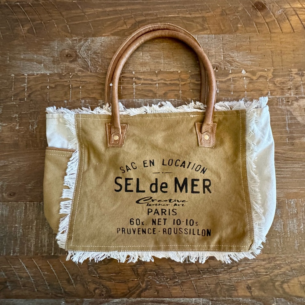 NEW Fringed Canvas Tote with 'Sel de Mer' Parisian Print 10.5” x 13”